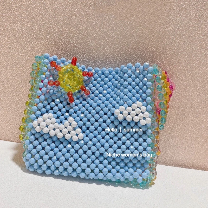 

Summer Cute Blue Bead Woven Cute Handbags Sweet Girls Colorful Transparent Handle Designer Cartoon Painter Hand Bags