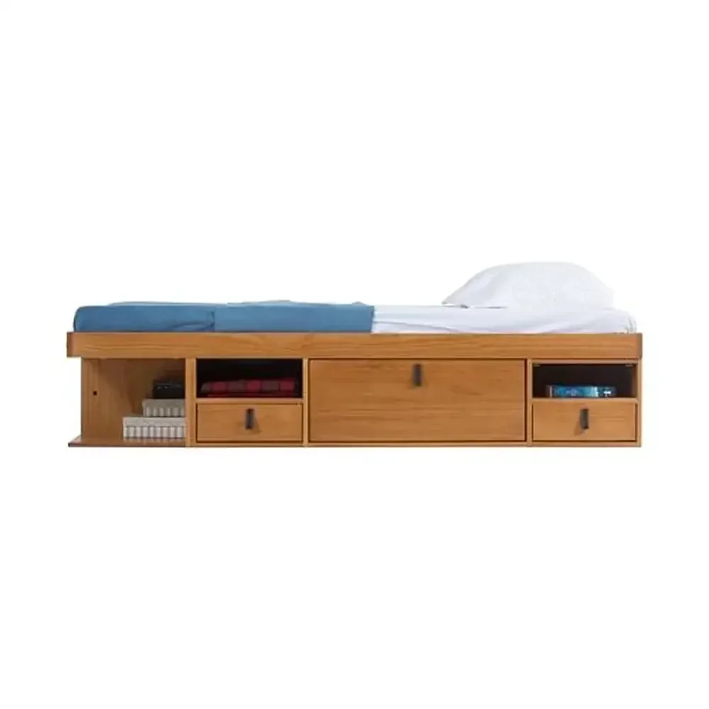 Bali Cama de almacenamiento tamaño Queen de roble con cajones y estantes, estructura de plataforma de madera maciza, 6 cajones y 4 estantes, fácil montaje, 880 lb