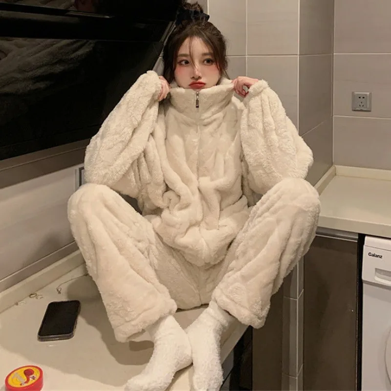 Autumn Winter Velvet Sleepwear Women Pajamas Sets Zipper Jacket Long Sleeve Pants Flannel Two-piece Suits Warm Loungewear Pajama