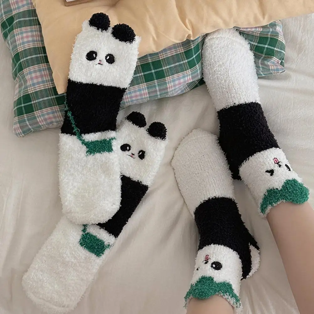1/5 Pairs Sleeping Socks Cartoon Panda Design Thickened Coral Velvet Warm Winter Socks Mid-Tube Floor Socks