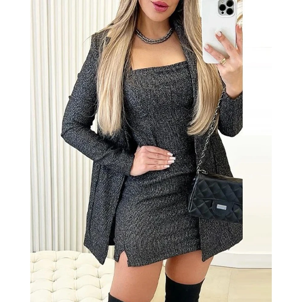 New Fashion Women Square Neck Slit Short Dresses With Long Sleeve Coat Set Casual Female 2 Piece Mini Dresses Sets Korean Style