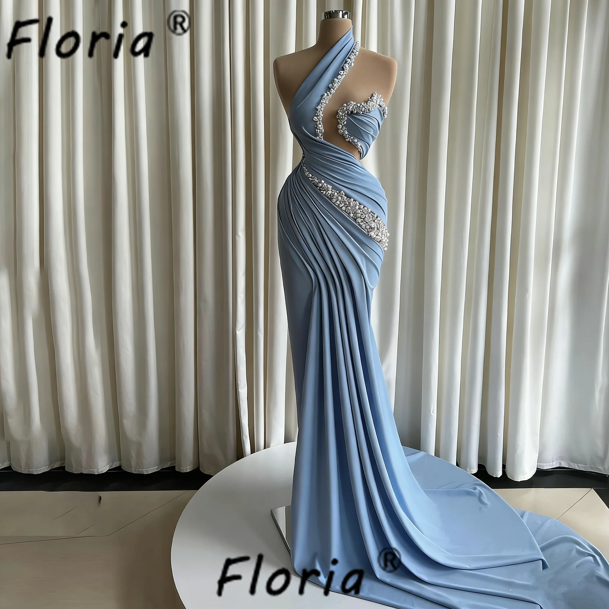 

Halter Neck Blue Mermaid Formal Evening Dresses Pearls Crystal Formal Party Gown Celebrity Red Carpet Prom Dress Robe de soiree