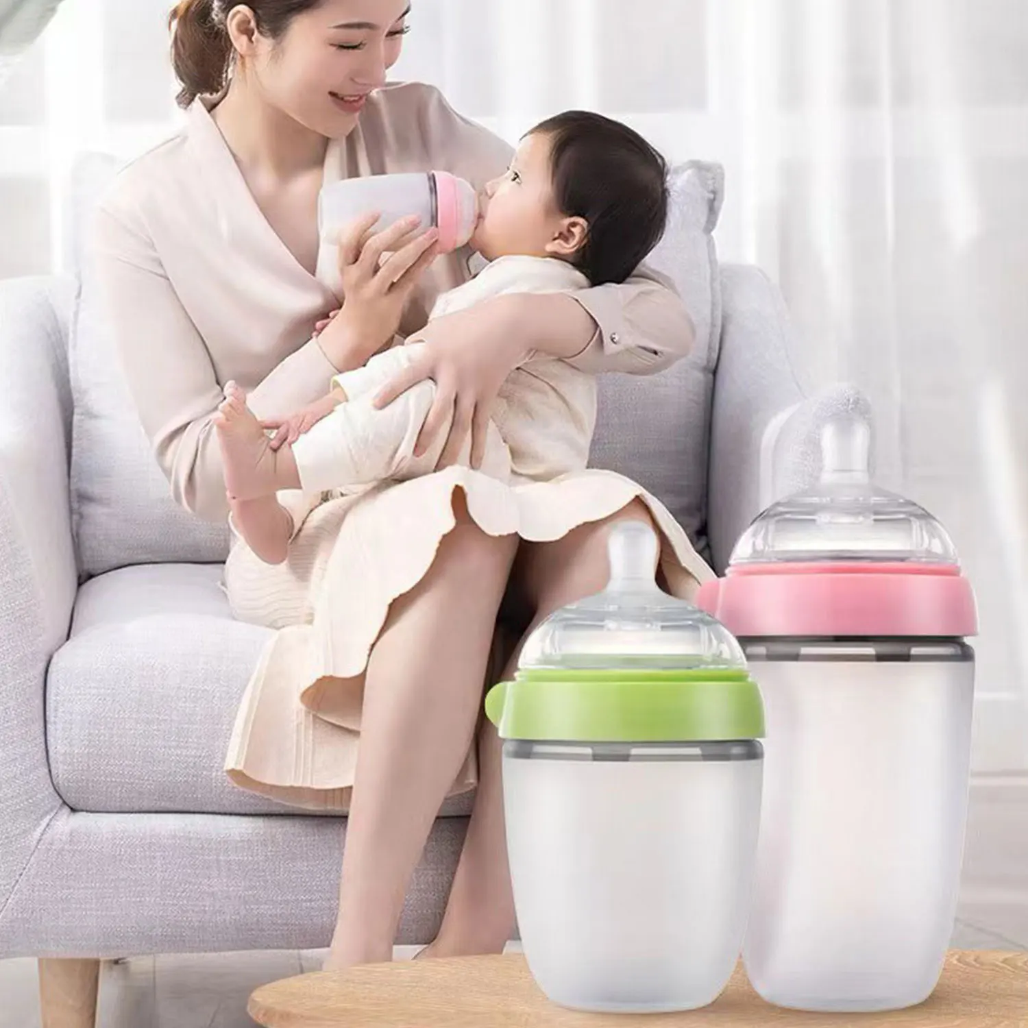 Baby Silicone Breastfeeding Nursing Bottle 150ml 250ml Green & Pink With Gravity Straw With Dust Cap Perfect Gift For Newborns