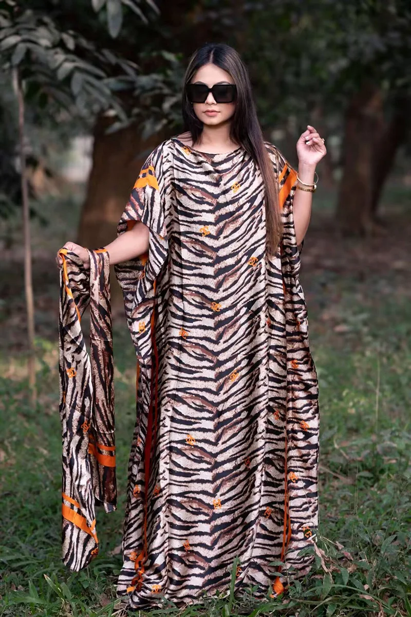 Vestido Hijab Muçulmano Estampado de Seda Africana para Mulheres, Kaftan, Oriente Médio, Senhora Tradicional, Abaya Praia, Plus Size, Verão, Boho