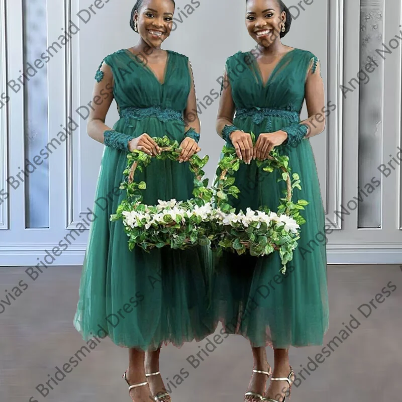 

Long Sleeves Tea Length Green Bridesmaid Dresses Wedding Guest Party Gowns Customized vestido de madrinha de casamento
