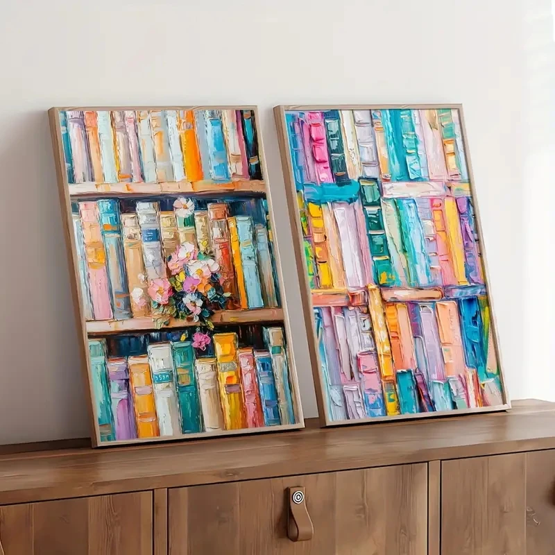 

2Pcs/Set Colorful Bookshelf Canvas Wall Art Prints Frameless Abstract Preppy Wall Decoration Living Rooms Bedrooms Offices