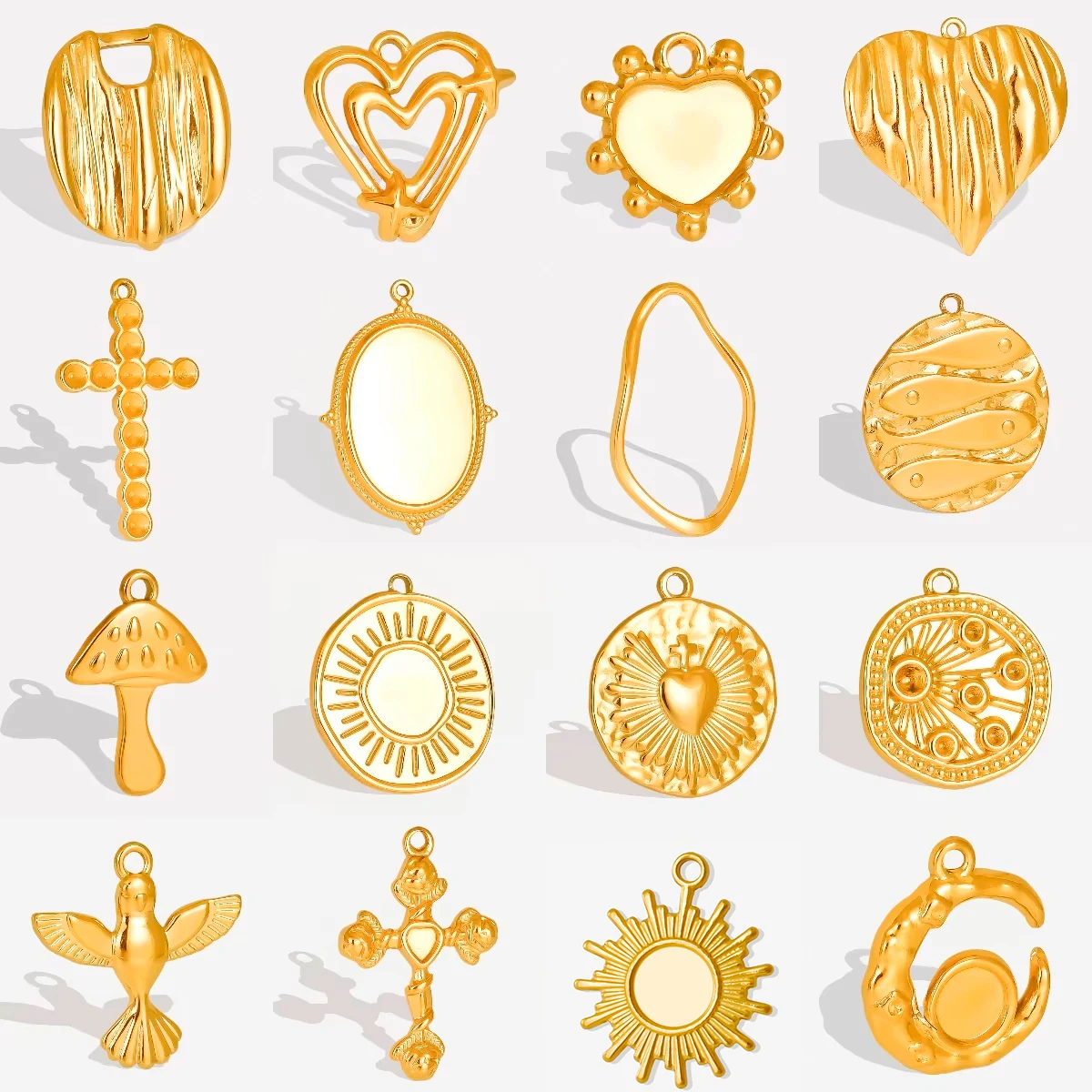 Nuovo 10 pz/lotto In Acciaio Inox Placcato Oro Base Vuota Pendenti Con Gemme E Perle Cuore A Forma Rotonda Uccello Fungo Croce Pendenti E Ciondoli Risultati Dei Gioielli FAI DA TE
