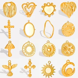 New 10pcs/lot Stainless Steel Gold Plated Blank Base Pendants Heart Round Shaped Bird Mushroom Cross Charms DIY Jewelry Findings