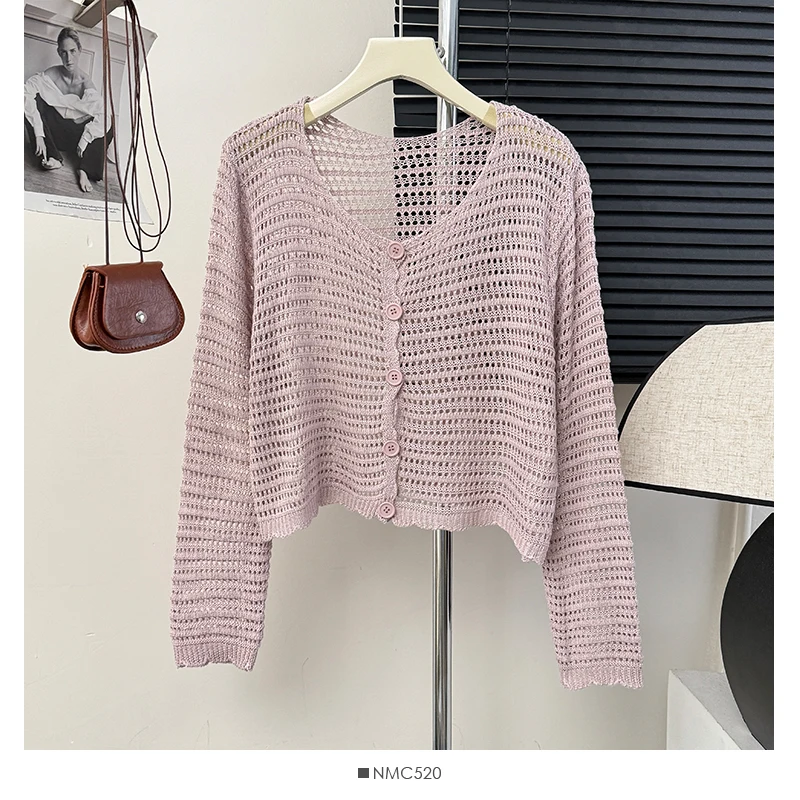 Pointelle Knit Long Sleeve Button Front Crochet Crop Top Cardigan Jacket for Women Cover-Up Spring Summer Y2K Grunge Outfit