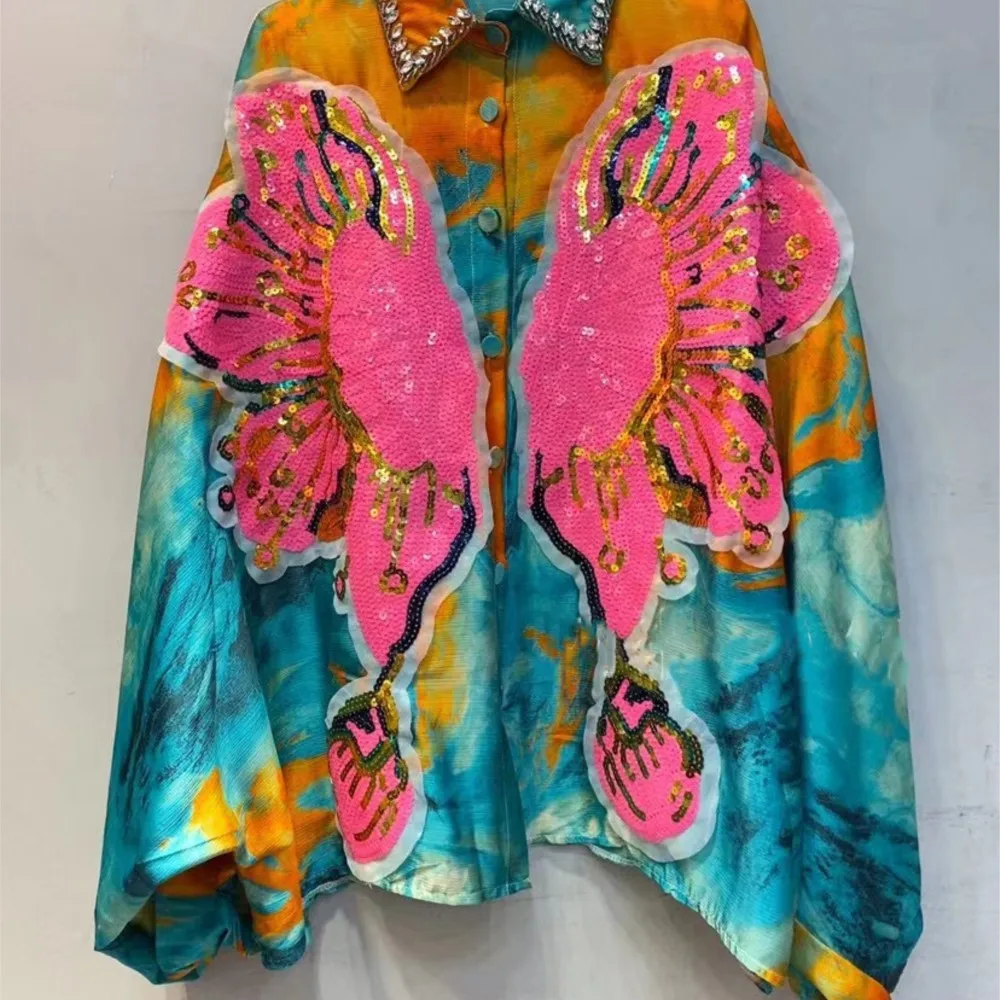 New Printed Shirt Women's Beaded Sequins Loose blouse butterfly blusas señora