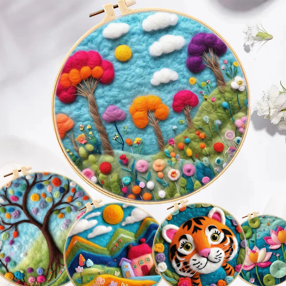

DIY Wool Needle Felting Starter Kit Tree Scenery frame Needle Felting Painting Kits Beginners Home Decoration Art Craft Gift