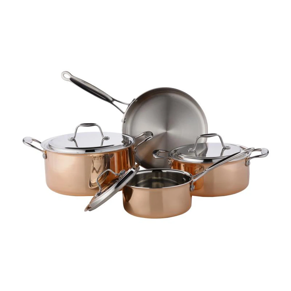 Classic Copper Cookware Set Pan and Pot with Stainless Steel Lid Metal Design