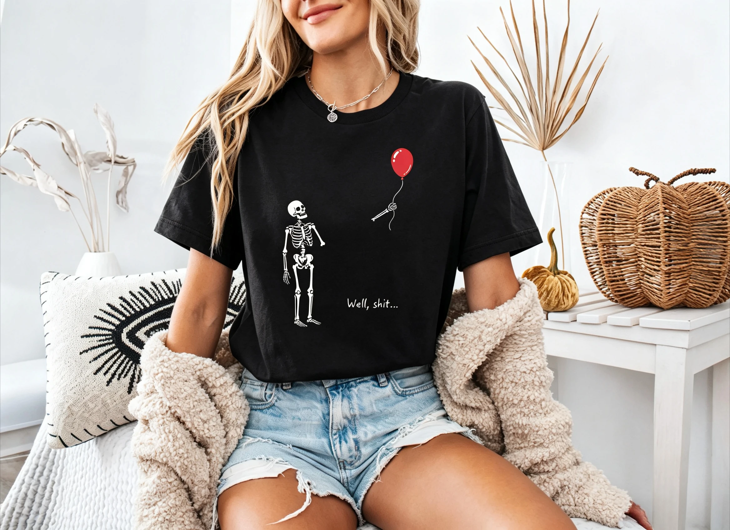 Well Shit Skeleton Shirt Skeleton Lost Balloon Tee Halloween Tee Gothic Sarcastic Gift Men's and Women's T-Shirt Y2K Streetwear