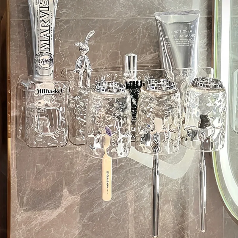 Wall Mounted Toothbrush Holder No Drilling Bathroom Organizer for Toothpaste Cup and Brush