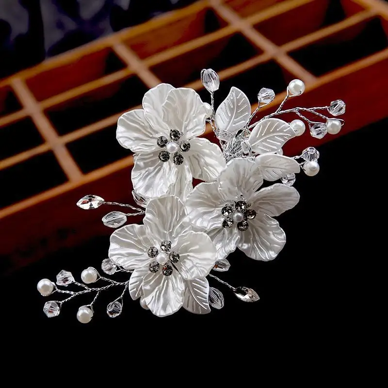 1Pcs Handmade White Headdress Crystal Pearl Flower Bridal Headwear Elegant Luxury Wedding Hairpin Women Gift