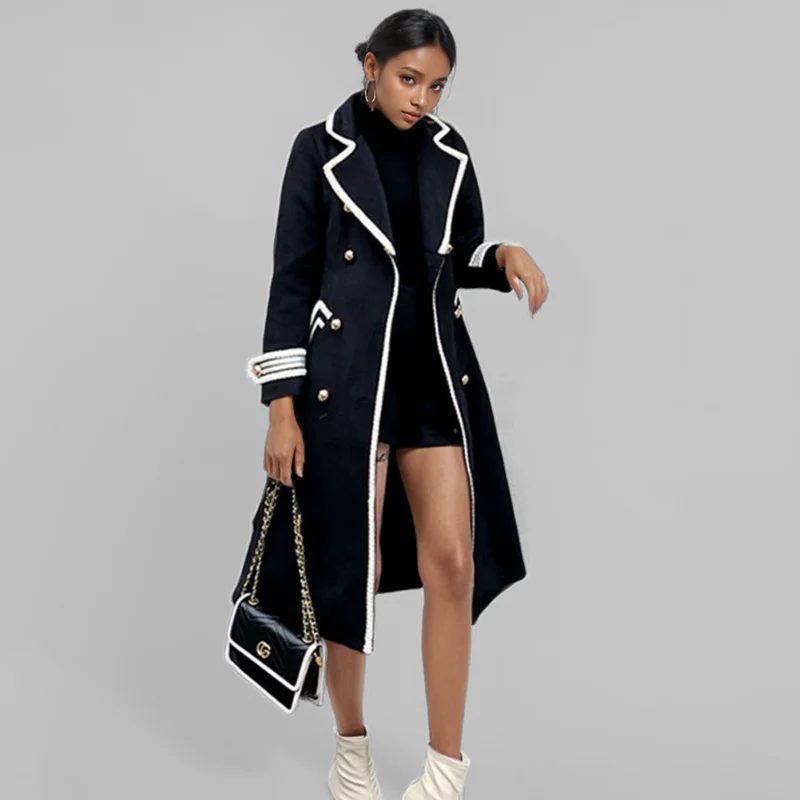 WTHT Fashion Women's Control Color Striped Edge Woolen Trench Coat 2024 Autumn Lapel Long Sleeves Windbreaker Female 1LS108