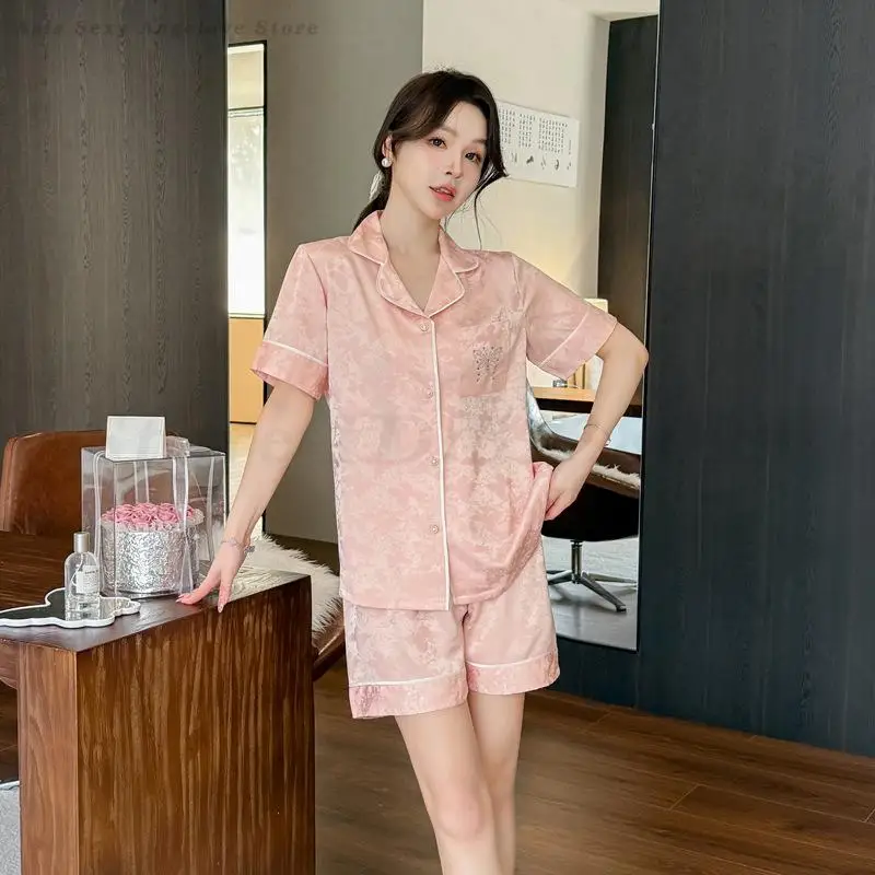 2PCS Pajamas Set Summer Short Sleeved Shorts Sleepwear Pijamas Suit Elegant Jacquard Nightwear Homewear Loose Satin Loungewear 2