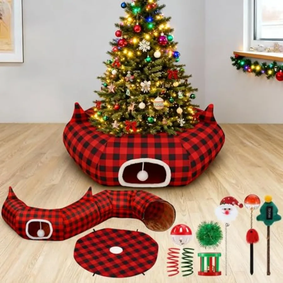 9 Pcs Christmas Cat Tunnel Tree Skirt with 7 Pcs Toys 2.9ft x 2.9ft x 10.6inch Buffalo Plaid Tunnel Bed with Ball and Cat Cave