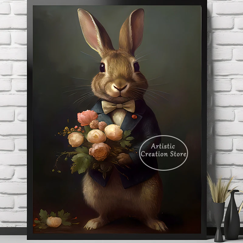 Easter Victorian Rabbit Family Print Canvas Painting Vintage Spring Bunny Wall Art Picture for Bedroom Living Room Home Decor