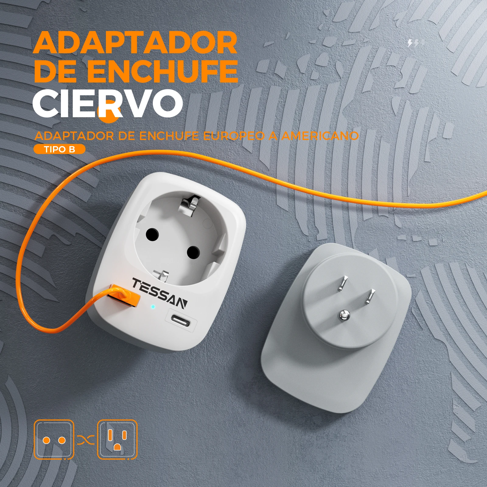 Adaptador de viaje TESSAN de la UE a EE. UU., adaptador de enchufe para América y Europa con adaptador de enchufe USB C 3A, adaptador de corriente de viaje para Canadá y México