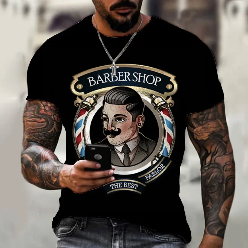 Vintage T-shirt For Men Handdrawn Barber Shop Logo  Graphic Printed T-Shirts Short sleeved Tee Oversized Men Clothing Top Summer