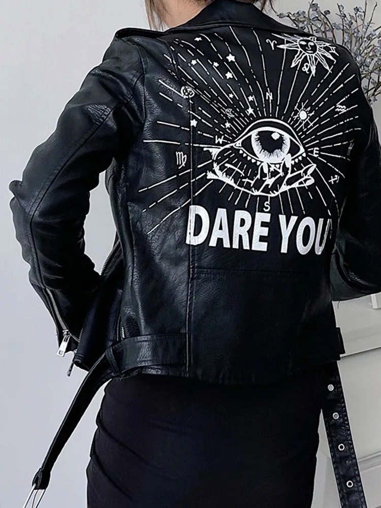 Ailegogo Women Vintage Graffiti Print Slim Pu Faux Leather Jacket Streetwear Female Moto Biker Zipper Belt Short Coat Outwear