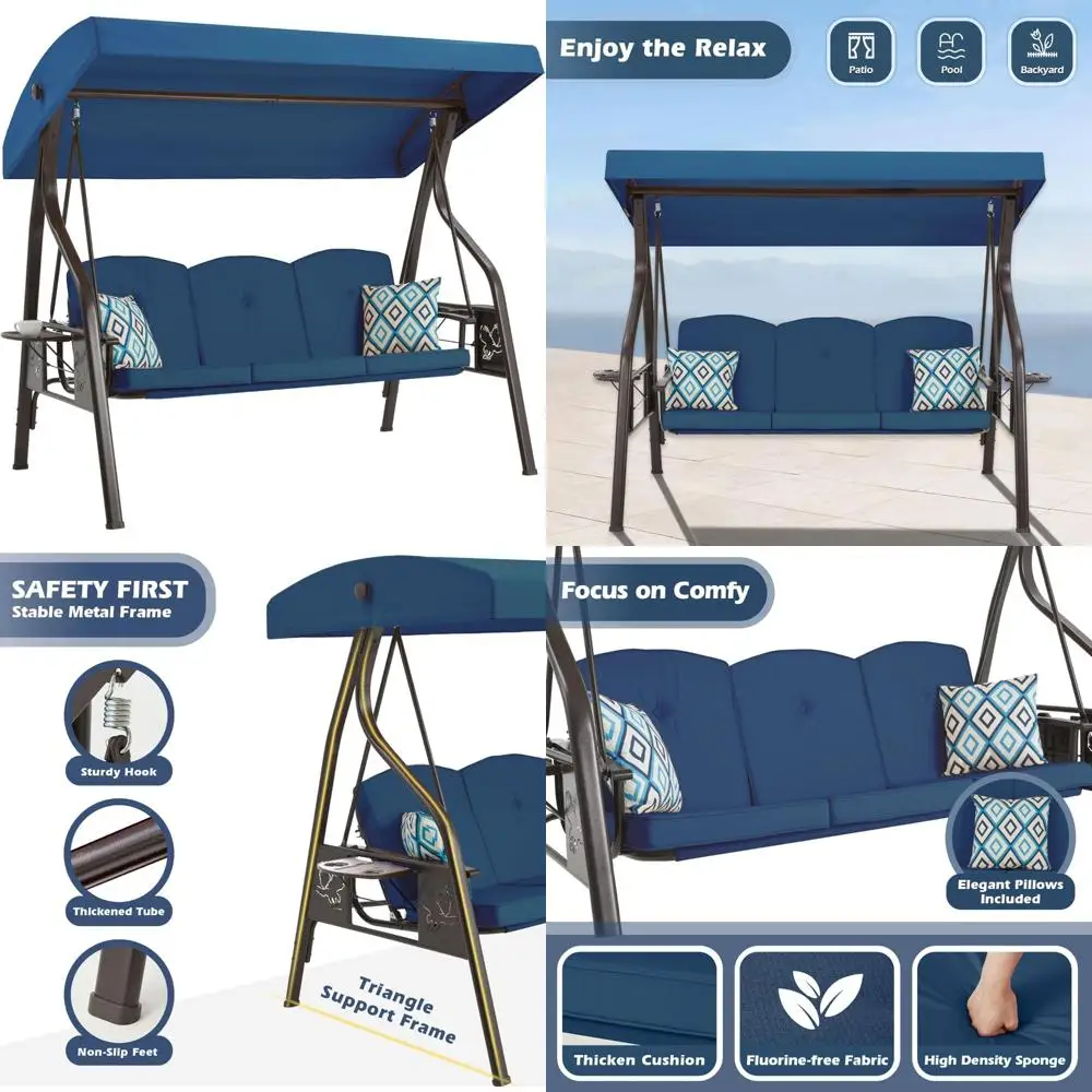 

Adult 3-Person Outdoor Porch Swing with Canopy and Stand, Convertible Swing Bed and Chair with Extra Pillows