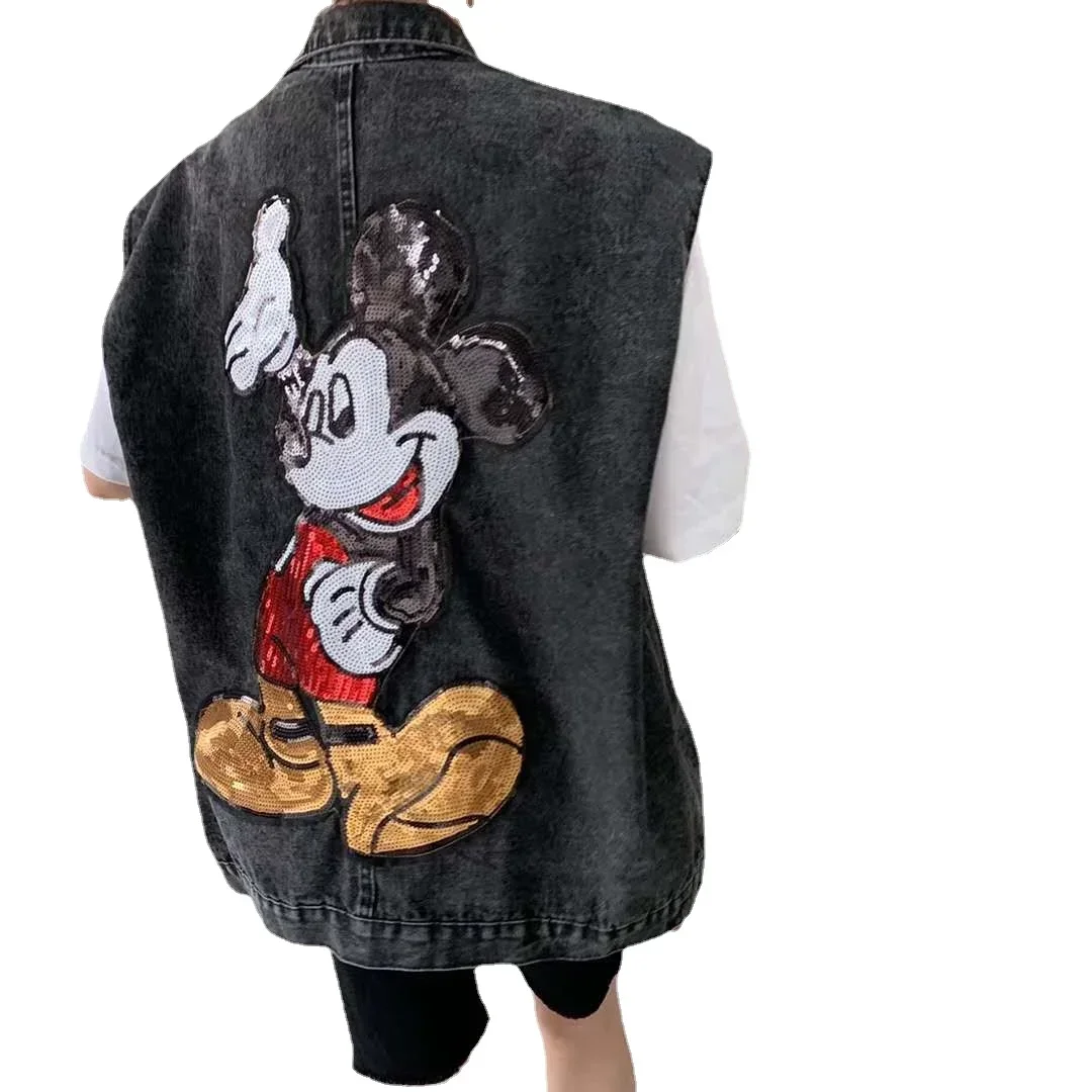 Large Pocket Casual Denim Vest Women\'s Spring and Autumn Loose Cartoon All-Match Sequins Workwear Sleeveless Lapel Vest Coat