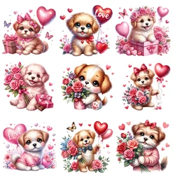 15cm Kids Cute Valentine's Day Dogs Love Iron On Heat Transfer Sticker For Clothes Pinted Vinyl Thermal Washable T-Shirt Decal