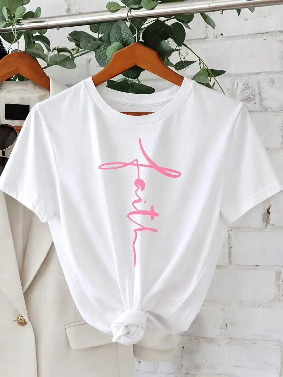 Women Trendy Pink Faith Print Crewneck T Shirt Short Sleeve Stylish Spring Summer Everyday Wear Casual Top