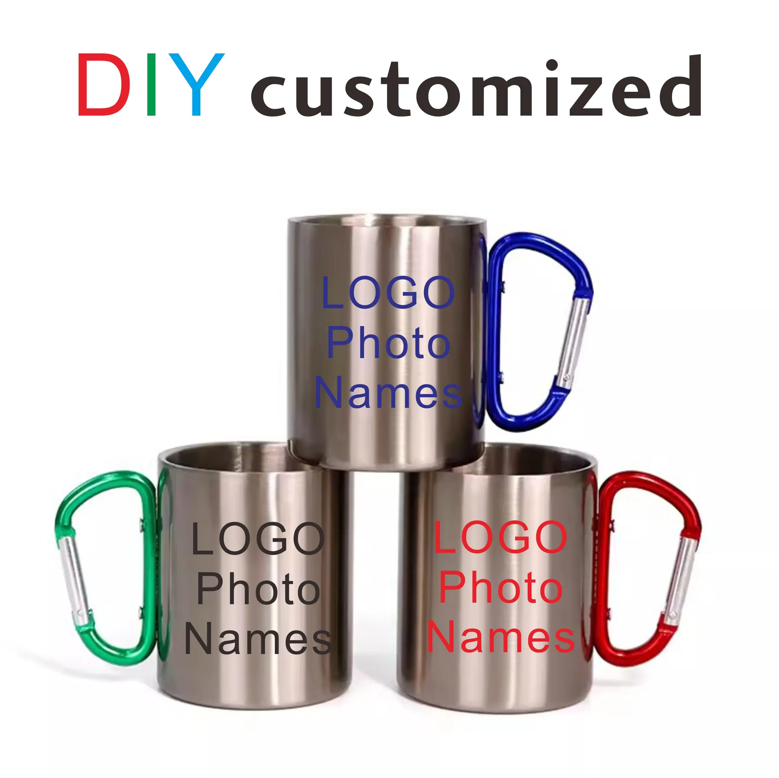 DIY Carabiner Cup with Cap Cover Lid Option 300ML Customized Logo Photo Stainless Steel Mug Hiker Outdoor Camp Travel Portable