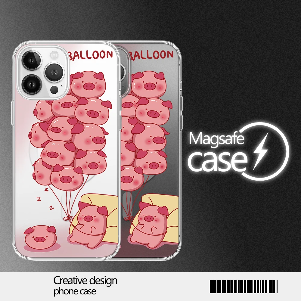 Cartoon Pink Pig Balloons Phone Case for iPhone 12 11 13 14 15 16 Max Pro Plus Magsafe Magnetic Wireless Cover