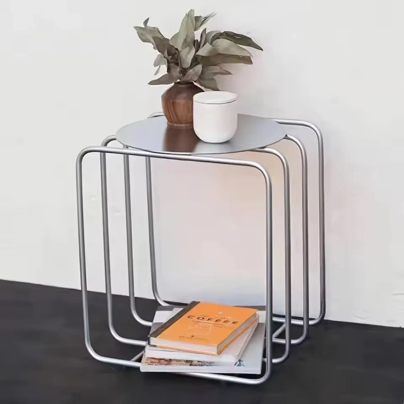 Modern space saving European minimalist metal corner table, no assembly required for living room and bedroom furniture