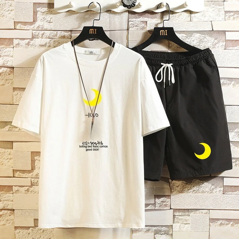 

Комплект шорт с короткими рукавами, комплект мужских модных брендовых футболок с половиной рукавов, летние повседневные студенческие брюки большого размера с пятью точками