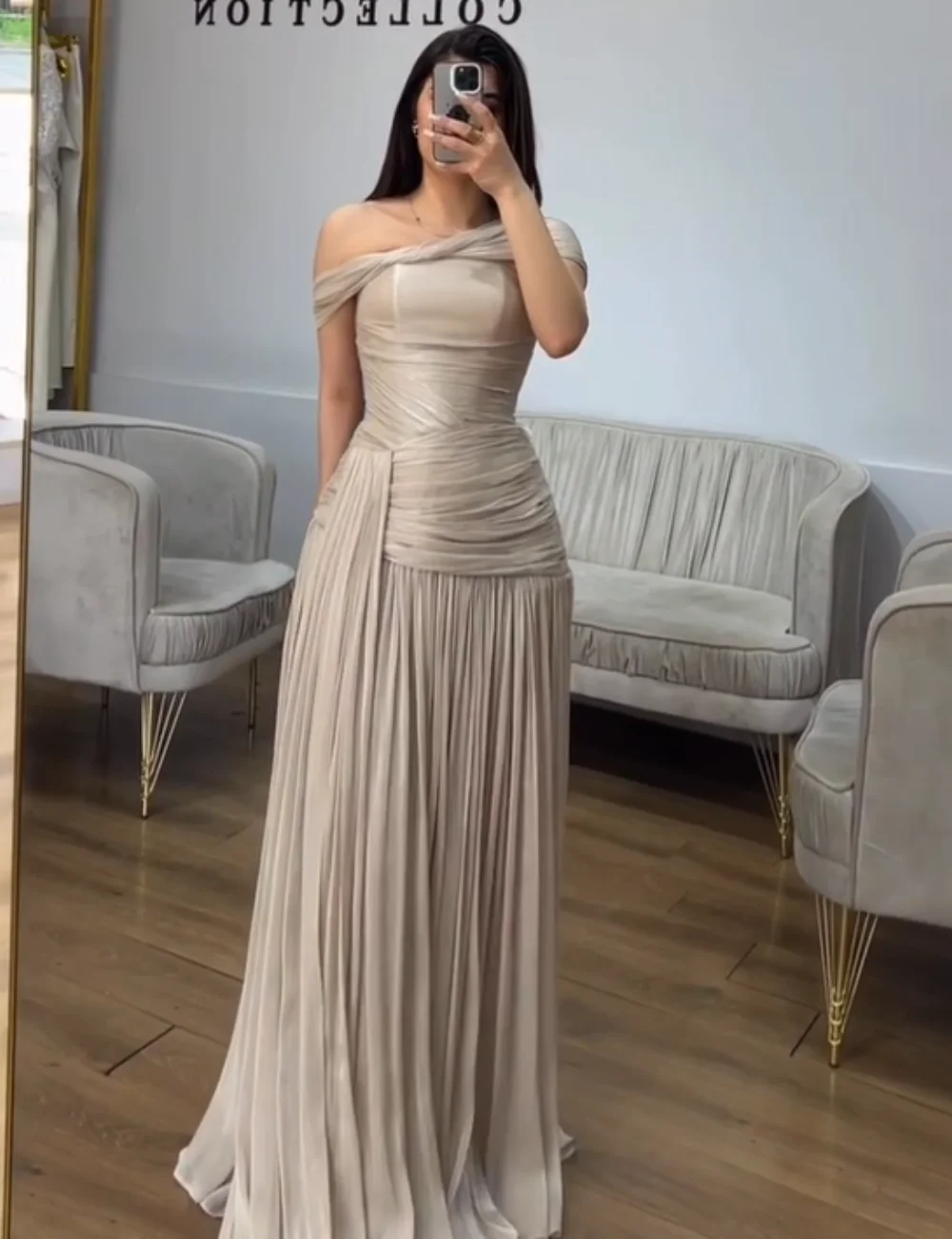 

Customized Formal Pleat Sequined A-line Off-the-shoulder Long Luxury Party Prom Dresses Pastrol Modern Style