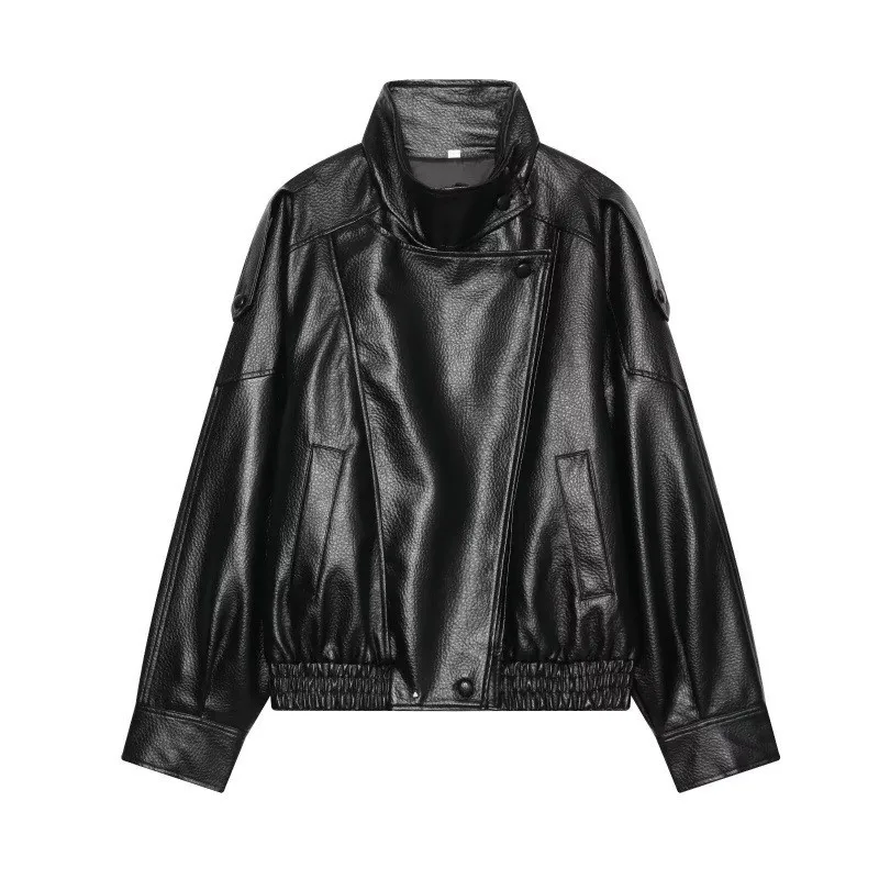 Women's Faux Leather Jacket Autunm Winter Fashion Personality Buttons High Neck Zip-Up Long Sleeve Pocket Solid Color Streetwear