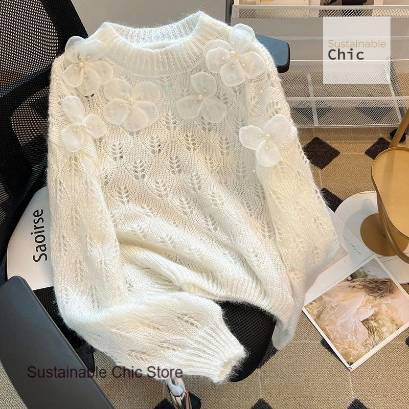 

French style fashion gradient purple sweater coat women's spring and autumn design sense beaded flower bottoming shirt sweater