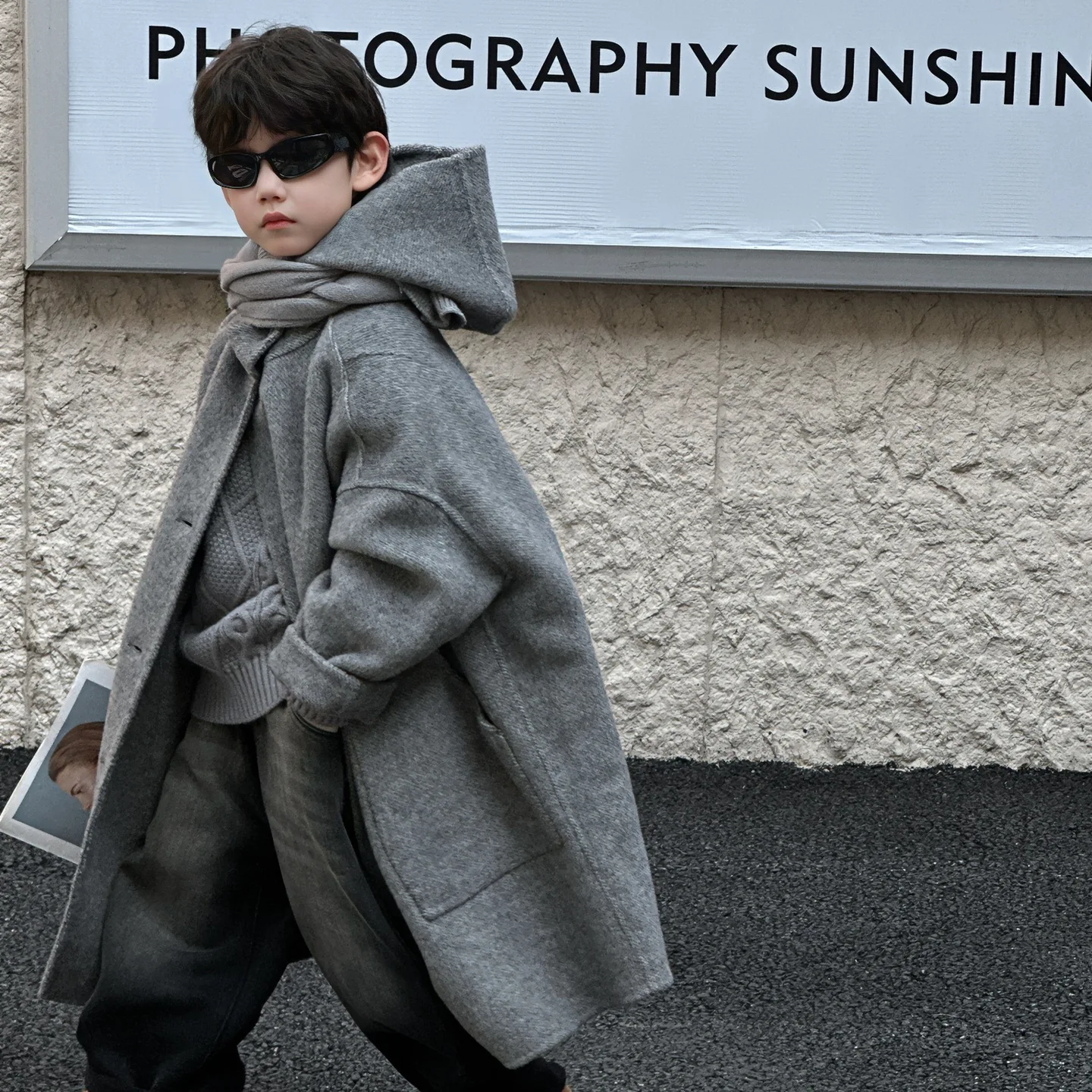 2024 Children Boys Winter Overcoat Grey Thicken Toddler Boys Long Woolen Coat Versatile Single Breasted 1-10Y Boys Hooded Jacket