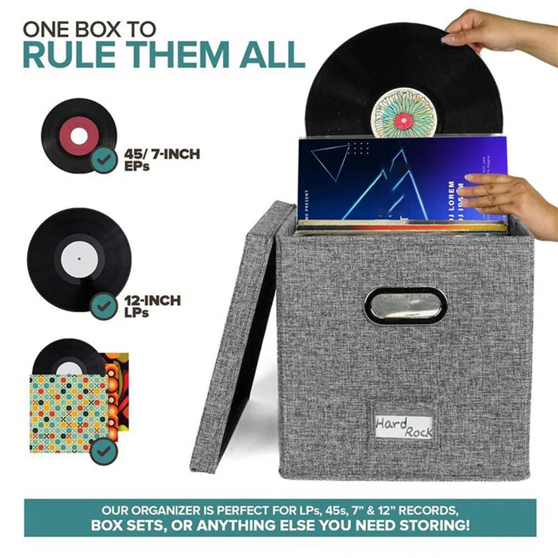 

AONEQ-2X Vinyl Record Storage Box With Lid And Handles, LP Record Organizer, Stylish Home Decor, Protective Album Holder
