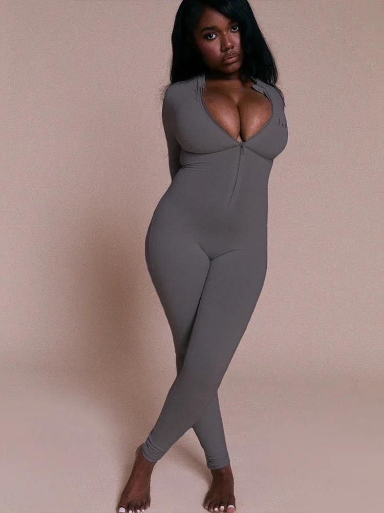 

Casual Sporty Jumpsuits Woman Autumn New Style Zip Low-Neck Full Sleeve Skinny High Stretch Daily Simple Fashion Overalls