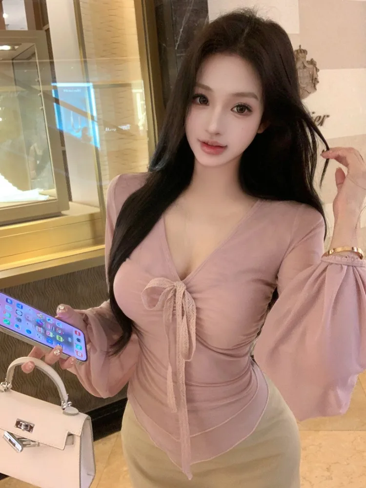 

Slim Fit Long Sleeve T-Shirt Women's V-Neck Knot Mesh Top Spring Autumn Waist Cinching Slimming Korean Style Breathable Skin-...