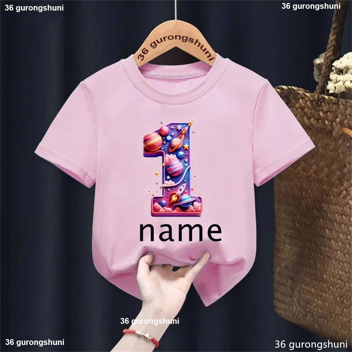 Custom Name 1th Birthday Gift Printed T Shirt Girls/Boys Astronaut Spacecraft Planet Tshirt Kawaii Kids Clothes Solid T-Shirt