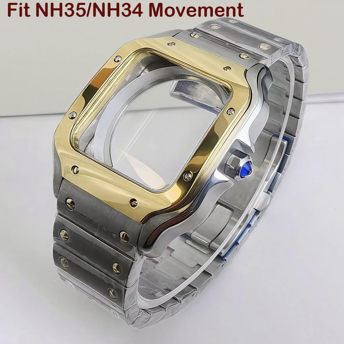 38MM Square Men's Watch Case Silver Stainless Steel Case Strap For NH34 NH35 Automatic Movement Square Watch Repair Parts