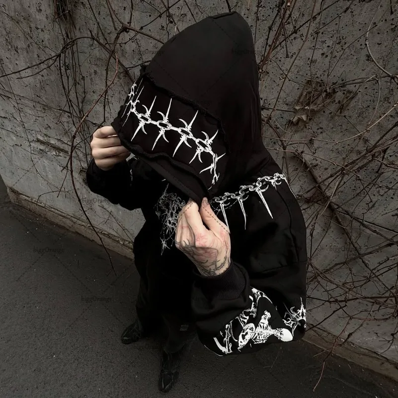 New Harajuku Gothic Punk Graphic Hoodie Men High Street Trendy Brand Y2K Streetwear American Retro Hip-hop Oversized Sweatshirt