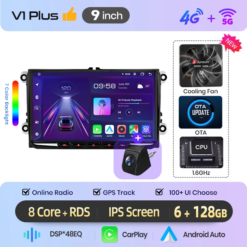 Junsun 7" 9" Android autoradio voor VW Volkswagen Skoda Octavia Golf 5 6 Touran Passat B6 Polo Jetta draadloos voor Apple CarPlay Auto IPS scherm stereo multimediaspeler automotive slimme intelligente