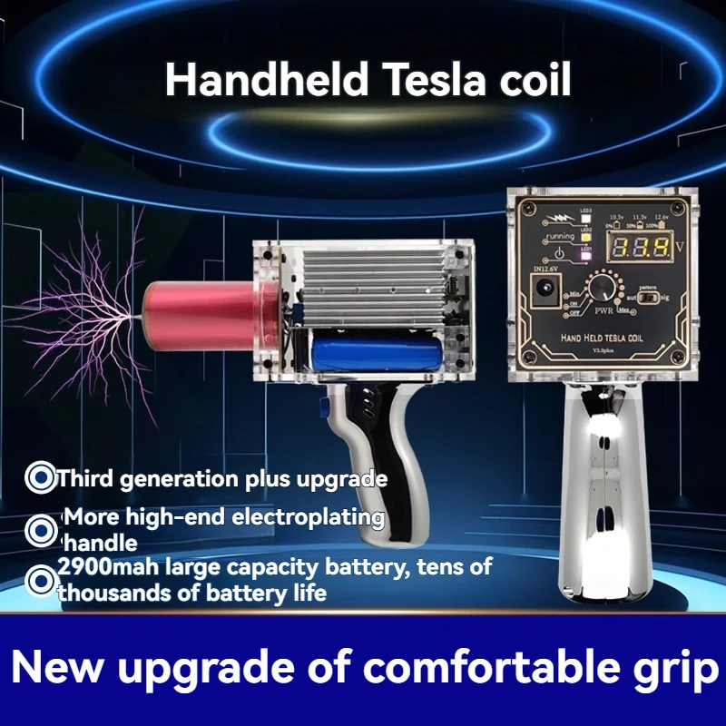 Handheld magnetic energy high-voltage generator with enhanced adjustable arc, a Tesla coil gun artificial lightning device.