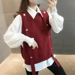 Female Vintage Solid Color Round Neck Sweater Vest Fashion Basic Polo-Neck Chiffon Two Piece Set All-match Chic Button Jumpers