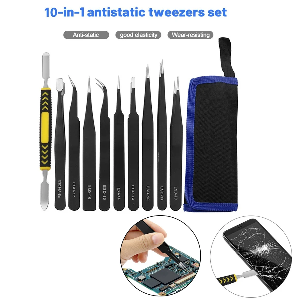 10pcs ESD Anti-Static Stainless Steel Tweezers Precision Set Mobile screen separation pry knife For Electronic Phone Repair Tool