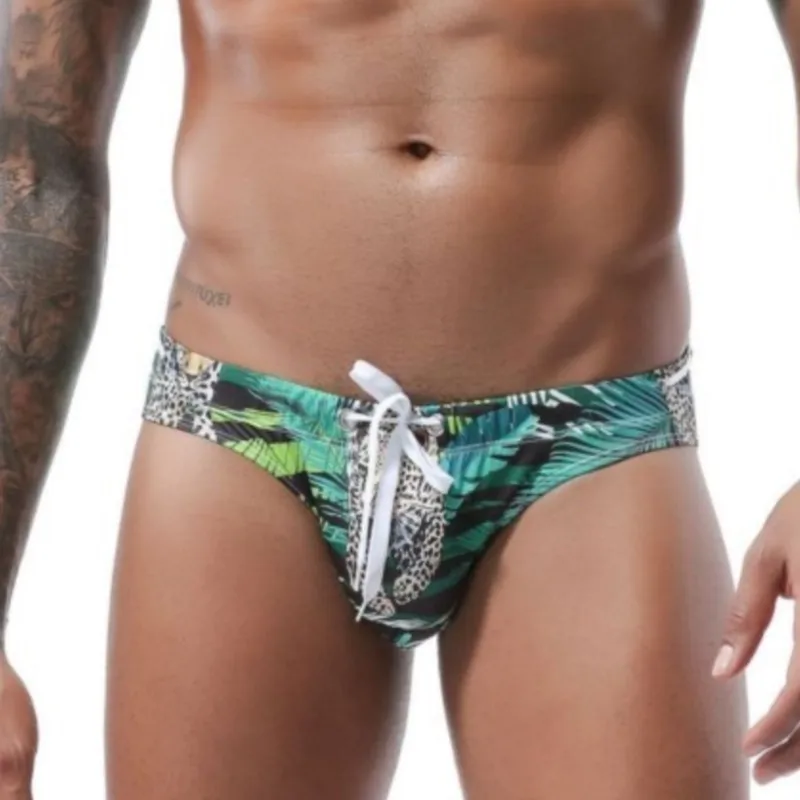 

Mens Printed Swim Briefs Quick Dry Low Rise Underwear Leopard Pattern Trunks Drawstring Beach Shorts Swimwear Underpants