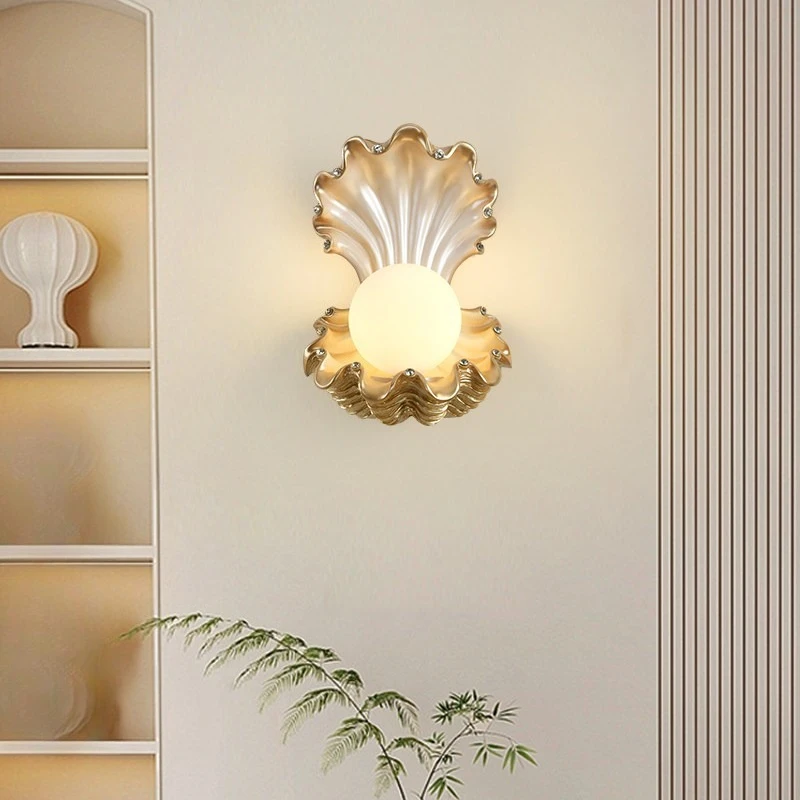 Cream wind bedroom bedside wall lamp creative TV background wall pearl wall decoration new shell lamp